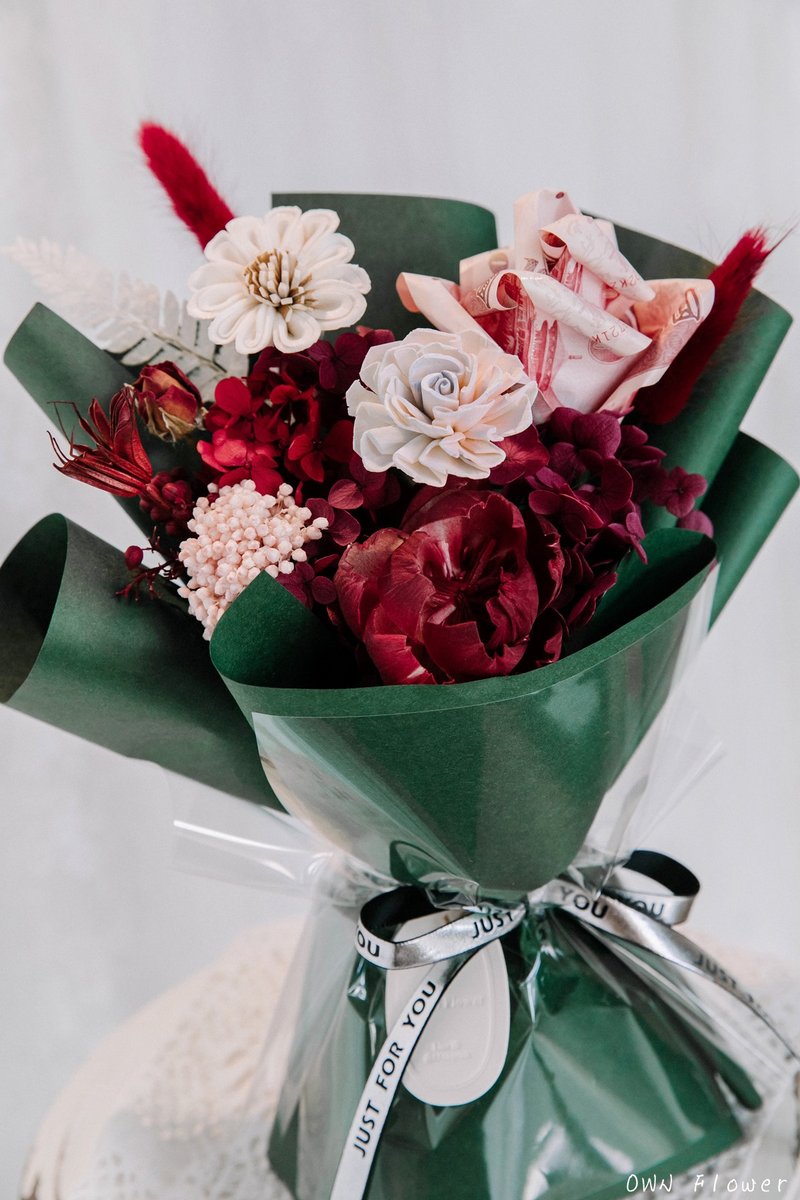Christmas gift/banknote bouquet/rich flower bouquet/banknote cake/birthday gift/cash included 300 yuan - ช่อดอกไม้แห้ง - พืช/ดอกไม้ สีเขียว