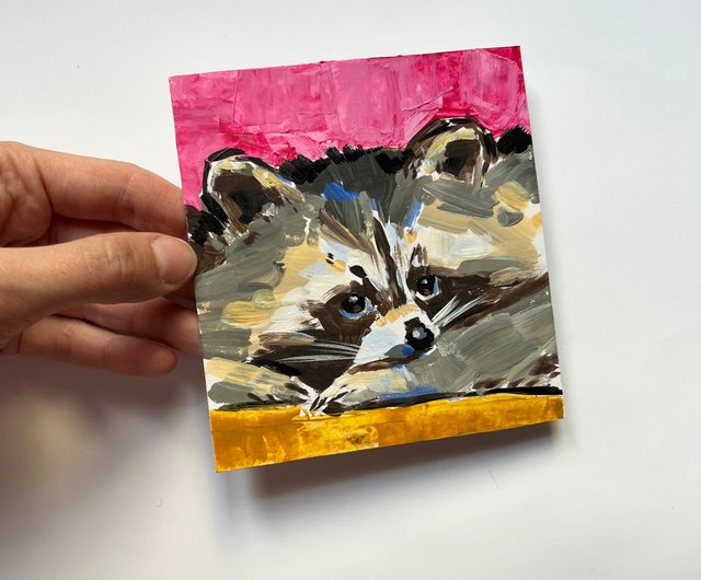 アライグマの絵 オリジナルアート 動物アート 小さい絵 動物