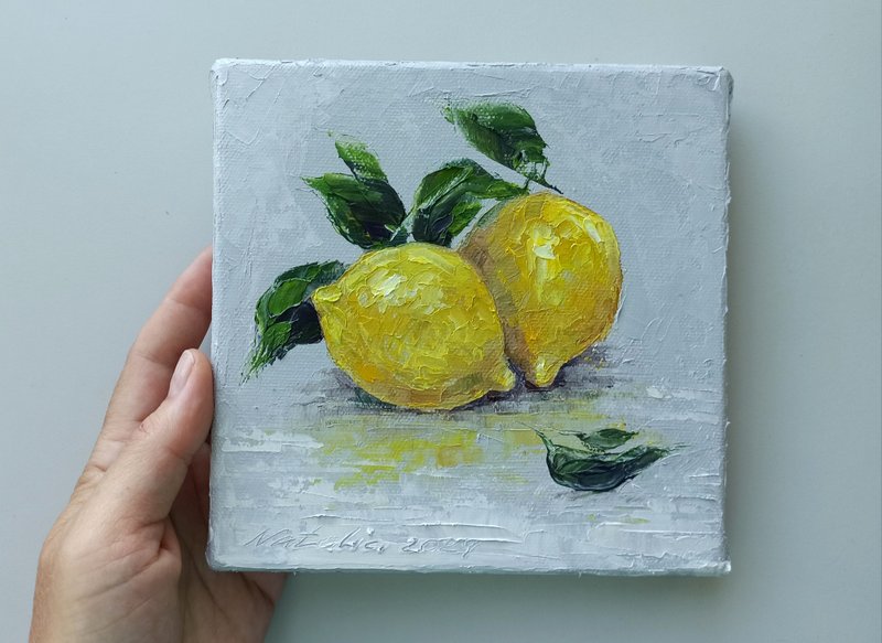 Lemon painting original still life art on canvas - ตกแต่งผนัง - ผ้าฝ้าย/ผ้าลินิน สีเหลือง