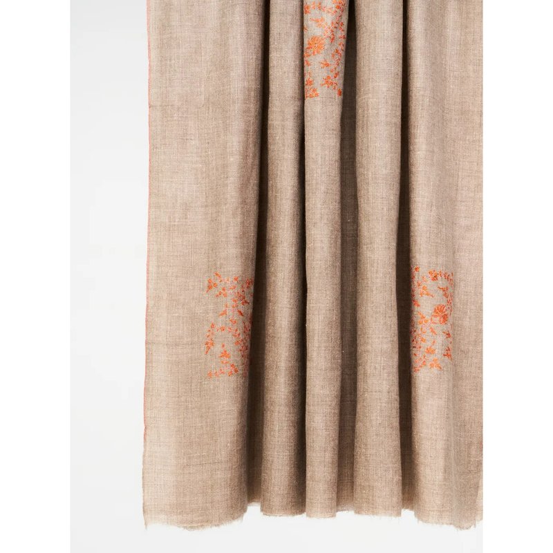 Natural Cashmere in Orange Floral Hand Embroidery / Kashmir Handcrafted Shawl 100% Pashmina - ผ้าพันคอถัก - ขนแกะ สีกากี