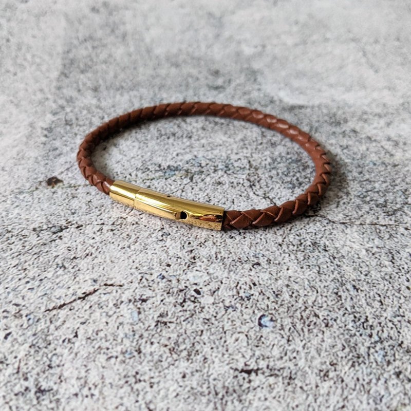 4mm K金色 316不鏽鋼扣件 駝色 德國製 真皮編織 - 手鍊/手環 - 真皮 咖啡色