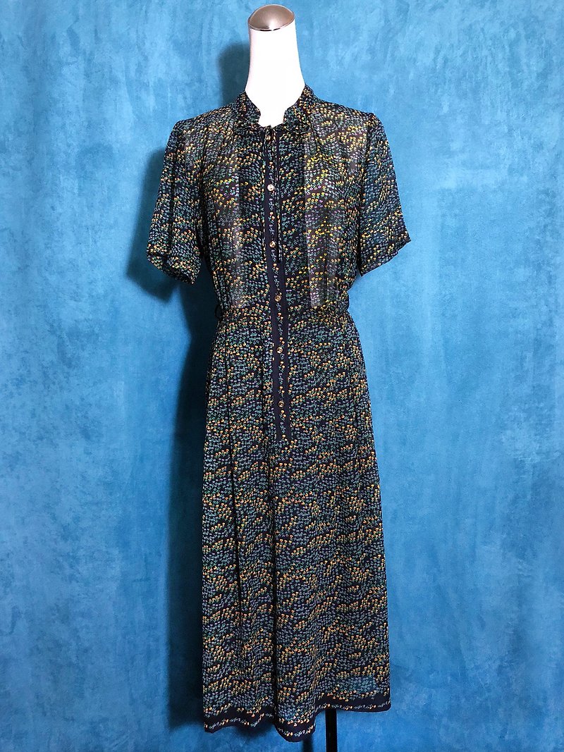 Ping-pong vintage [Vintage dress / spring print bow-tie chiffon vintage dress] bring back VINTAGE - One Piece Dresses - Polyester Black