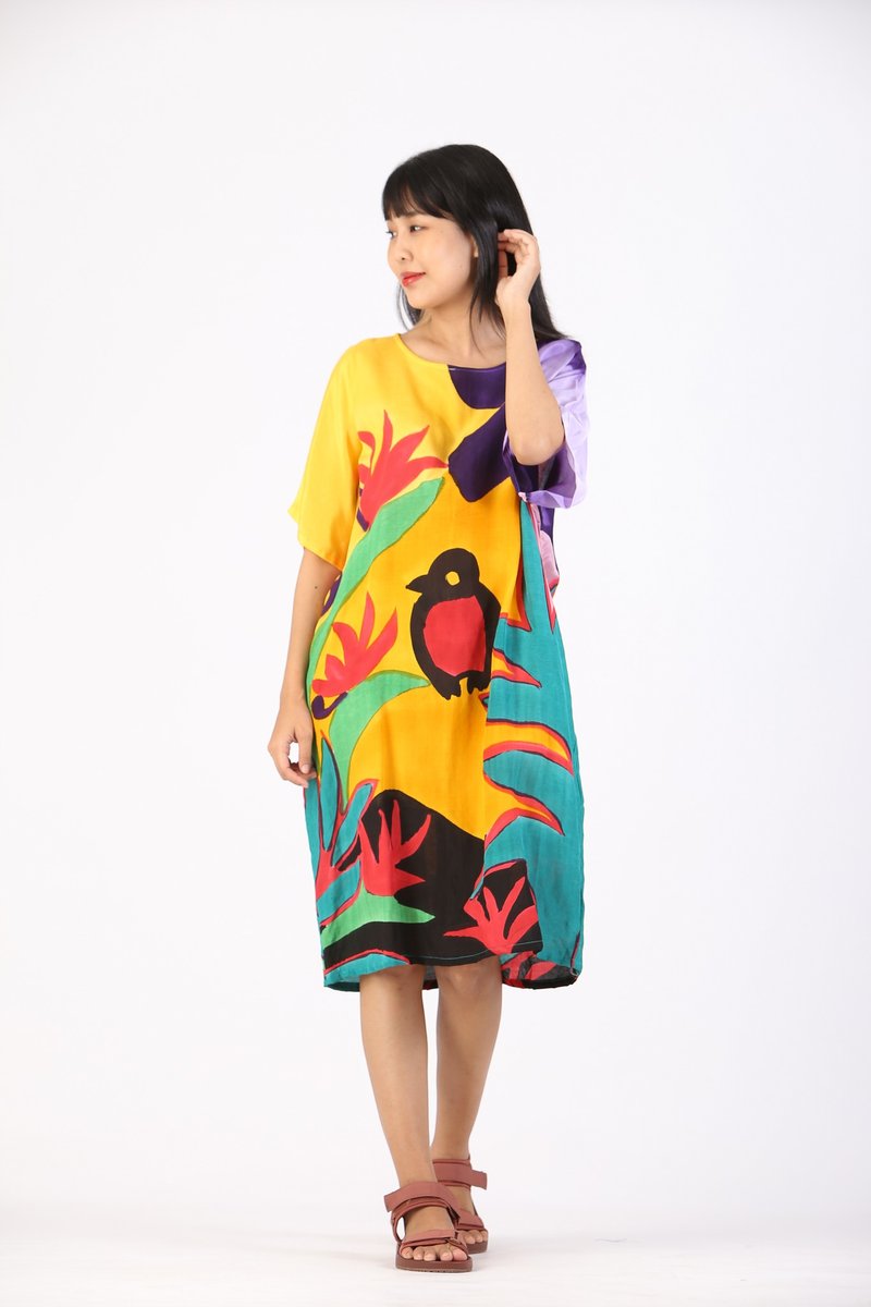Short Dress Kaftan Cotton Silk Hand Paint Free Size - 洋裝/連身裙 - 棉．麻 黃色