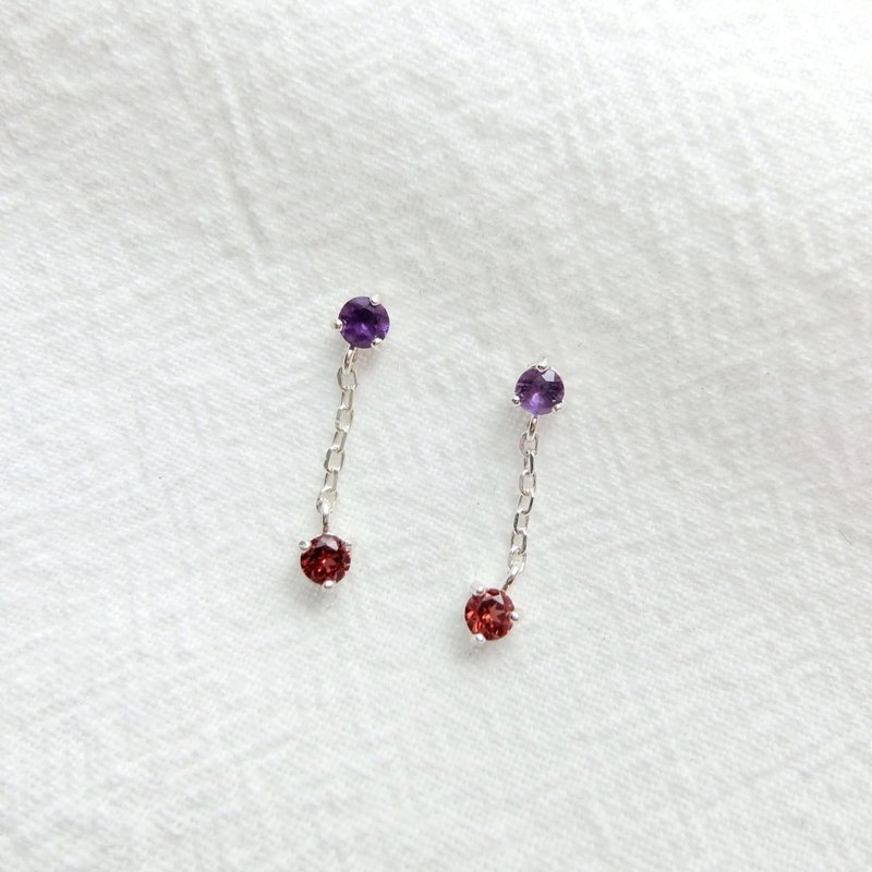 石榴石紫水晶925純銀雙寶石鍊子耳環 - 耳環/耳夾/耳骨夾 - 寶石 銀色