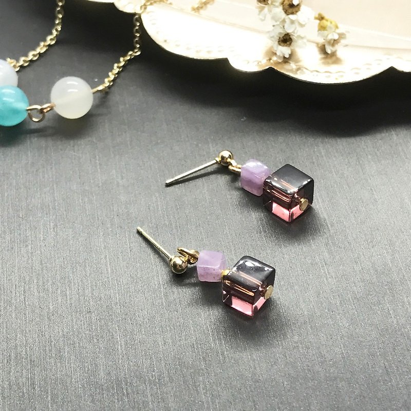 紫粉晶雙寶石方塊耳環 - 耳環/耳夾 - 寶石 紫色