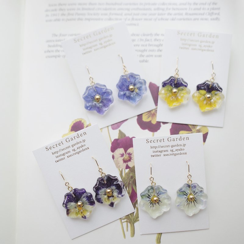 Drop pansy pierce - 耳環/耳夾 - 植物．花 紫色