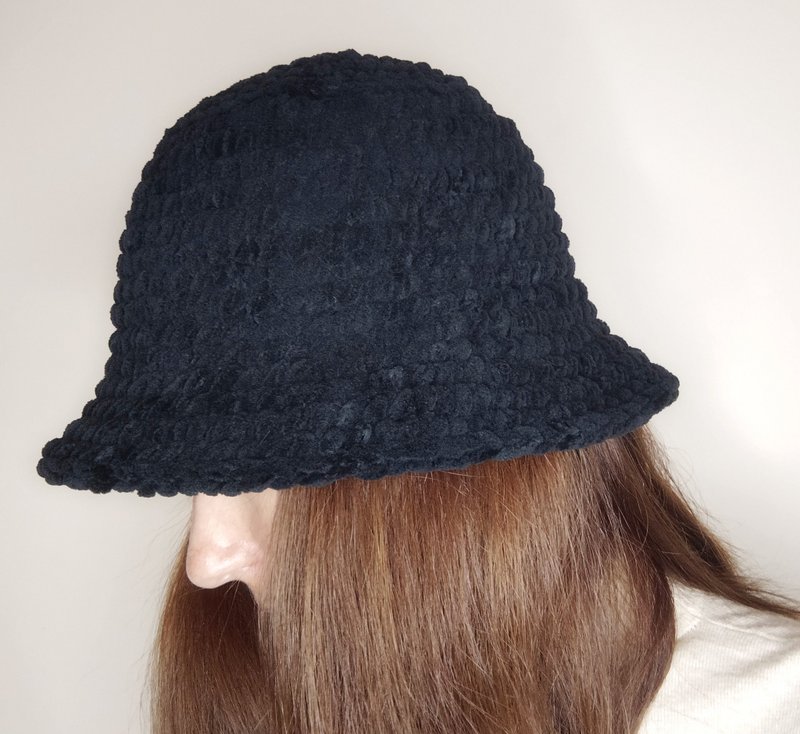 Plush bucket hat hand knit. Fluffy bucket hat for women. Black bucket hat - Hats & Caps - Other Materials Black