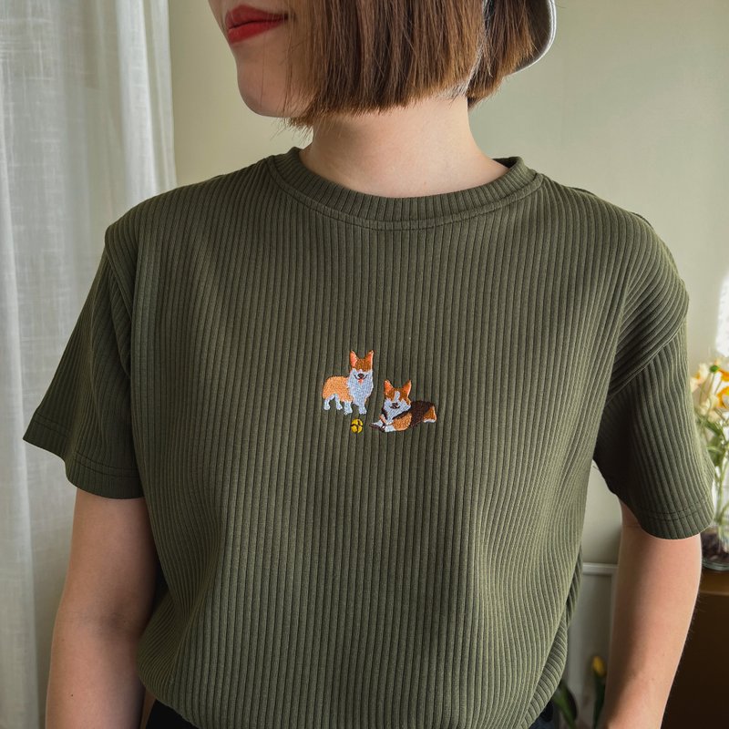 刺繡 Mini Tee : Corgi 柯基犬 - 女 T 恤 - 其他材質 橘色
