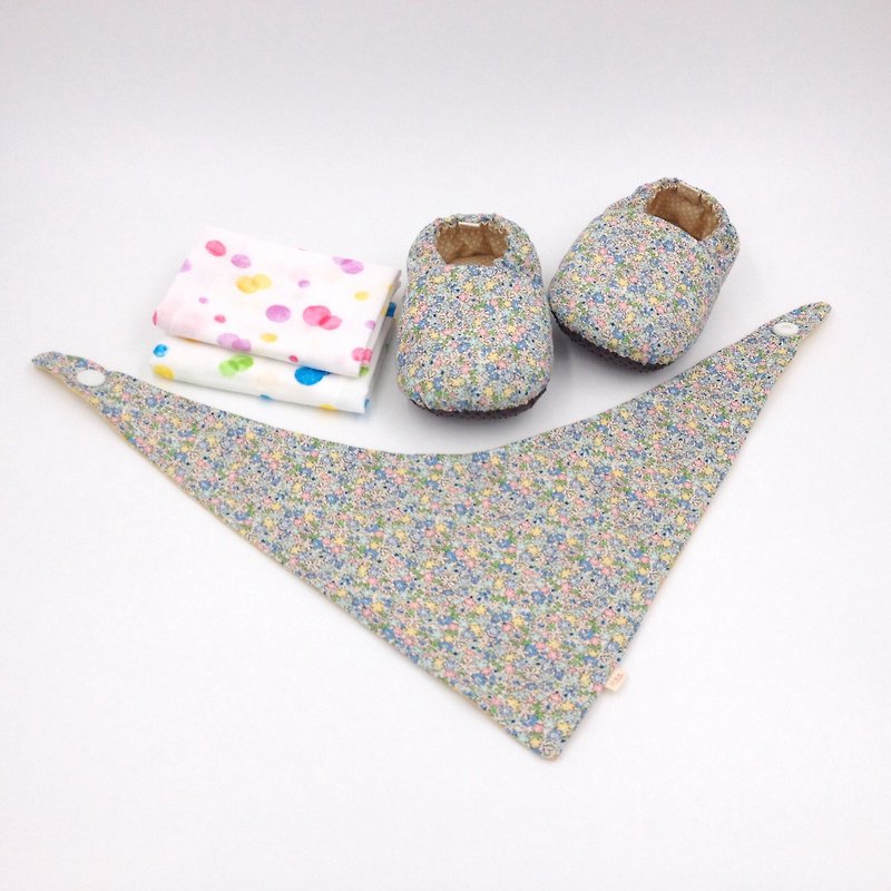 小さな花（青） -  Miyue赤ちゃんのギフトボックス（幼児靴/ベビーシューズ/ベビーシューズ+ 2ハンカチ+スカーフ） - 出産祝い用贈物 - コットン・麻 ブルー