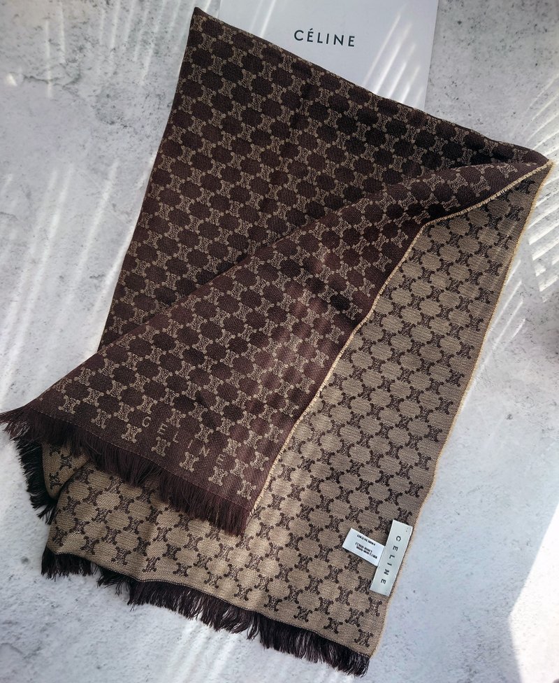 中古孤品 CELINE 老花凱旋門 羊毛 毛毯蓋毯頸巾圍巾領巾圍脖披肩 - 圍巾/披肩 - 羊毛 咖啡色
