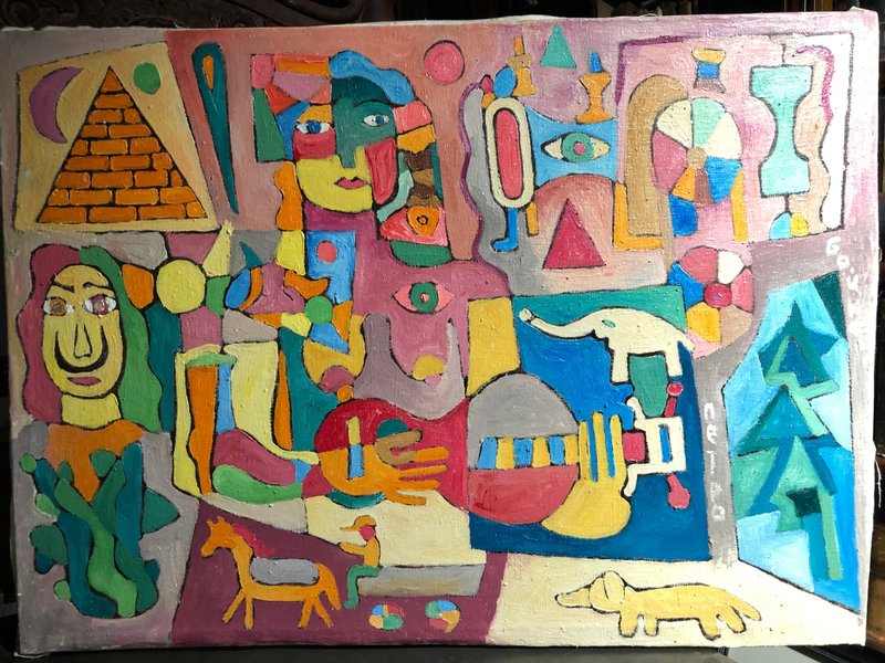 Original Painting with elements Folk Art, Oil on canvas, Wall Art, Home Decor - 壁貼/牆壁裝飾 - 棉．麻 多色