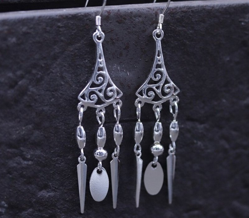 Real S925 Sterling Silver Women Bohemian Dangle Earrings Vintage Ethnic Nails - 耳環/耳夾/耳骨夾 - 純銀 銀色