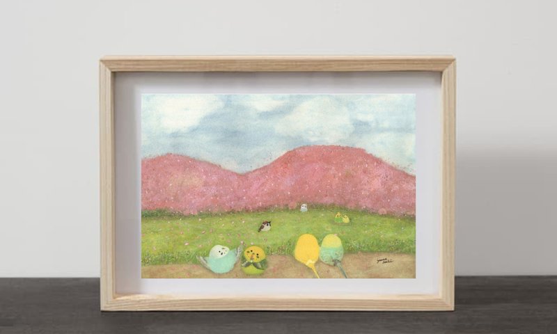 A4 桜吹雪インコたち 春 花 自然 風景画  セキセイインコ スズメ 小鳥 鳥 野鳥 - 海報/掛畫/掛布 - 紙 粉紅色