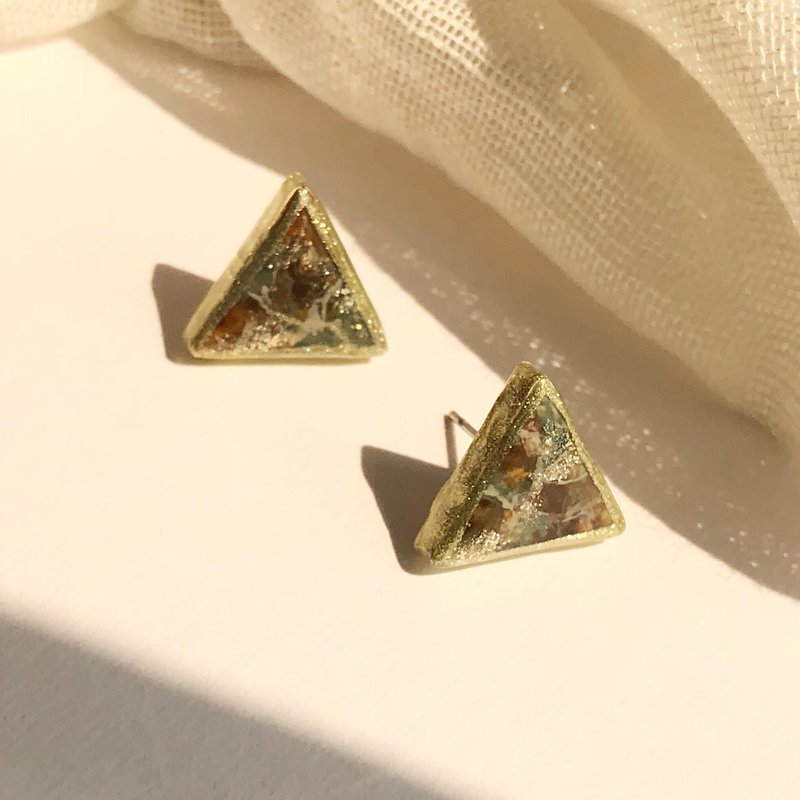 Vintage triangle hand-painted marble ear acupuncture or Clip-On - ต่างหู - เรซิน สีเขียว