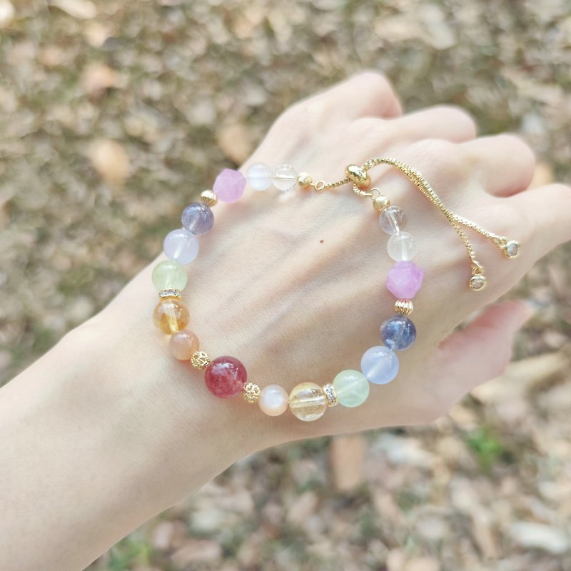 Little Rainbow-Energy Crystal Bracelet-Strawberry Crystal. Orange Moonlight. Citrine. Stone. Blue Chalcedony. Violet Green - Bracelets - Crystal Multicolor