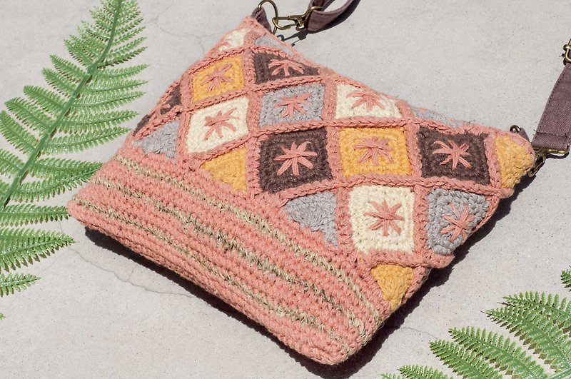 Handmade Crochet Side Backpack Shoulder Bag Tote Bag Crossbody Knitted Bag-Nordic Strawberry Flower - Messenger Bags & Sling Bags - Cotton & Hemp Multicolor