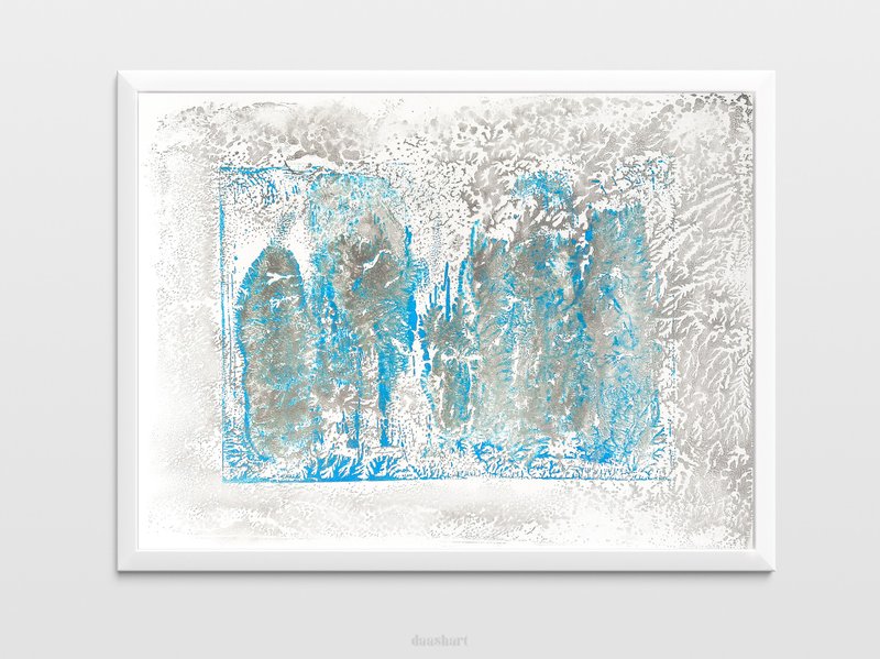 Blue and silver abstract landscape Original artwork Handmade modern poster art - 海報/掛畫/掛布 - 紙 藍色