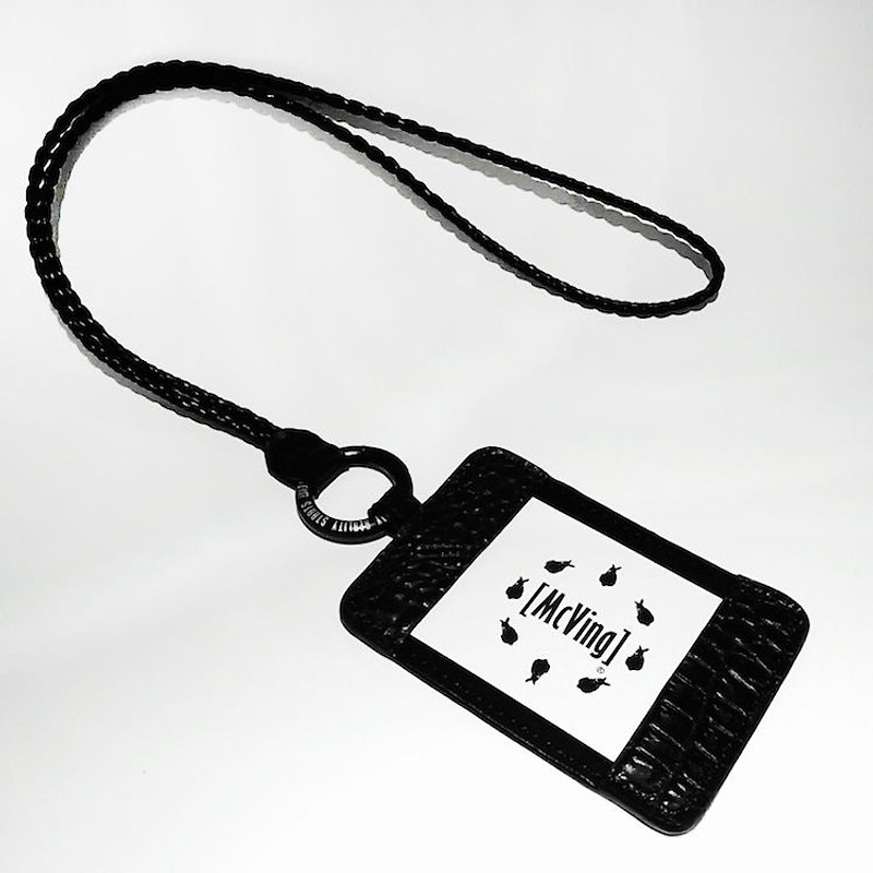 Straight black crocodile grain leather card holder / ferrule + black leather braided rope - ID & Badge Holders - Genuine Leather Black