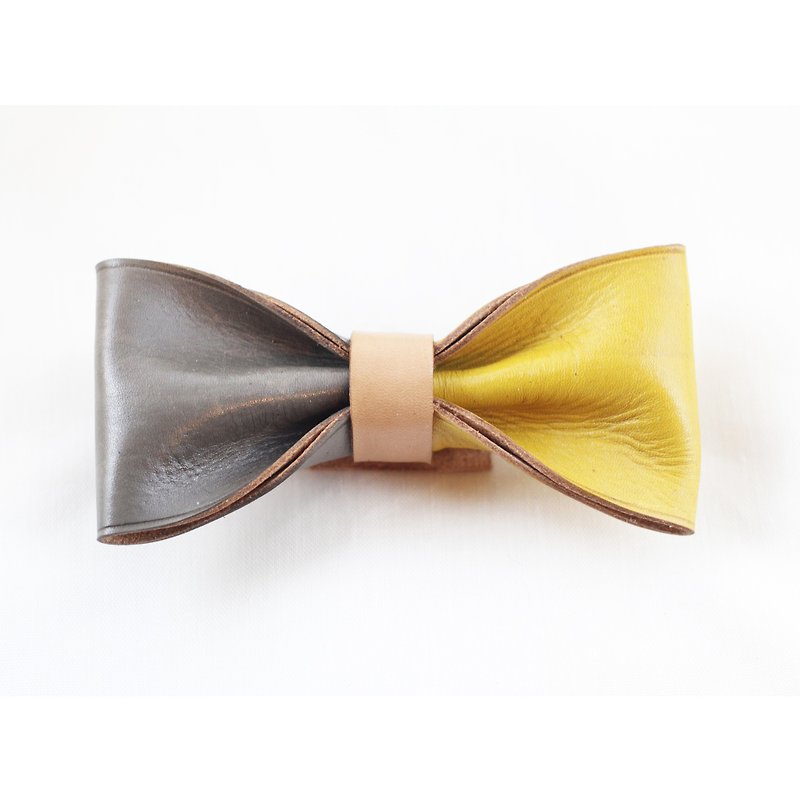 Clip on vegetable tanned leather bow tie - Gray / Yellow color - Ties & Tie Clips - Genuine Leather Yellow