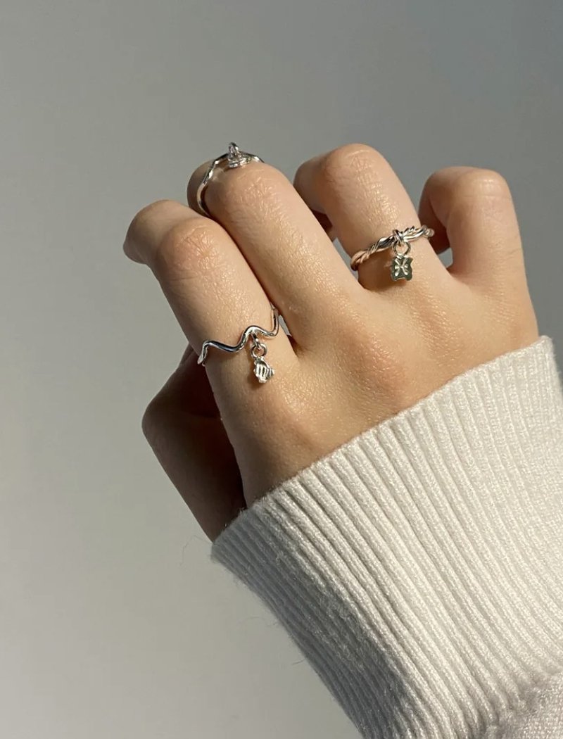 【純銀手作】十二星座戒指 ‧ 麻花戒/流線戒 - 戒指 - 純銀 銀色