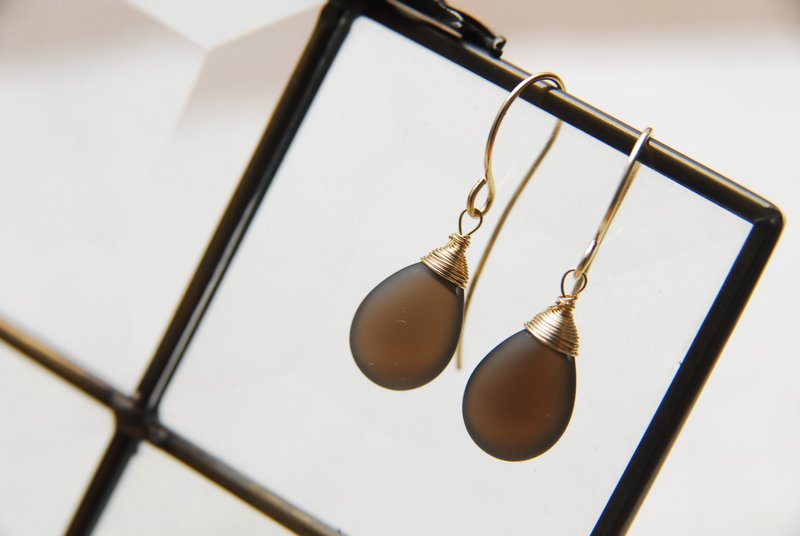 Frosted Smoky Quartz Earrings 14kgf - ต่างหู - เครื่องประดับพลอย สีนำ้ตาล