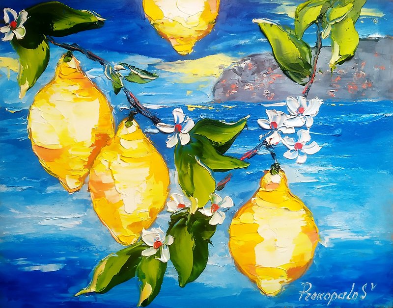 Italy Painting Fruit Original Art 4x6 Amalfi Coast Impasto - Wall Décor - Other Materials Blue