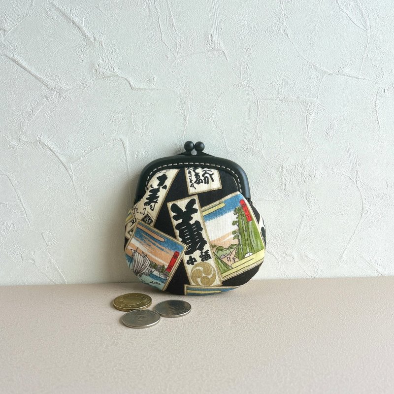 [Japanese style label sticker] Coin purse#小口金包#cute#Japanese#storage - Coin Purses - Cotton & Hemp Black