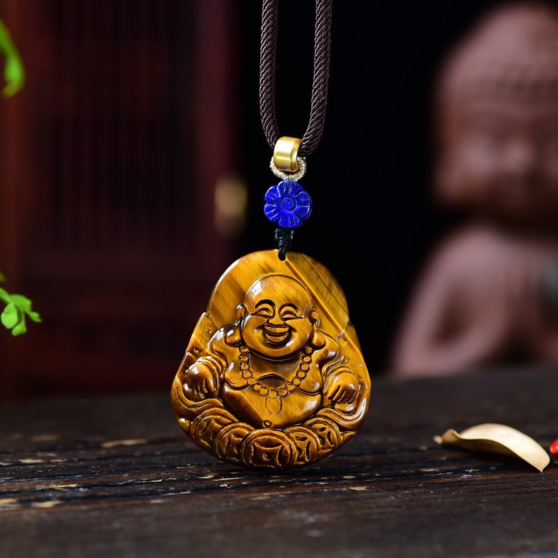 Quality natural tiger eye Stone Buddha pendant public with high-end handmade rope necklace hand-carved conviction - Necklaces - Gemstone 