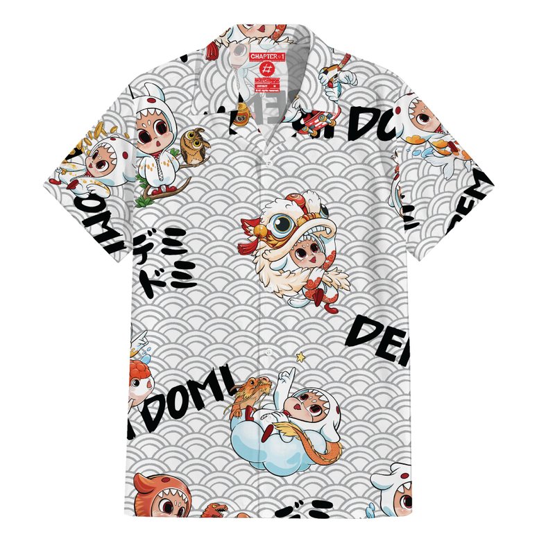 Demidomi Chinese Lion Italain Silk Hawaii Shirt Over Size - 男襯衫/休閒襯衫 - 其他材質 白色