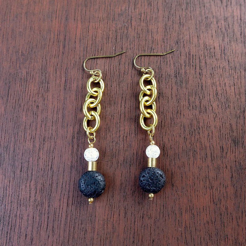 Volcanic rock ball and Ice quartz Brass chain earrings (code :che004) - Earrings & Clip-ons - Stone Black