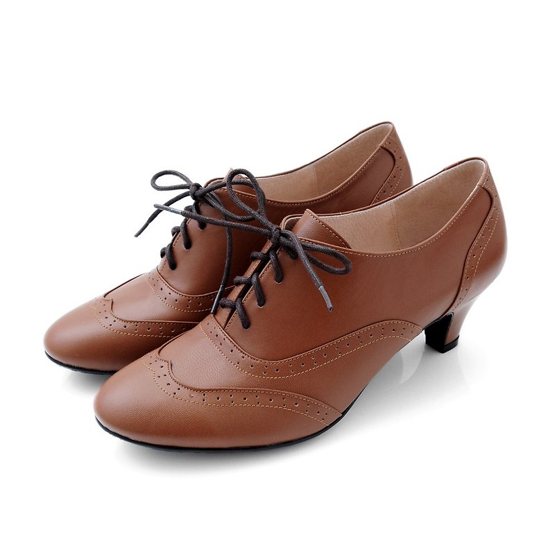 Chestnut Brown full leather retro oxford low-heel ankle boots - Women's Oxford Shoes - Genuine Leather 