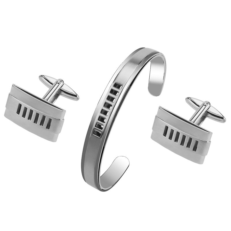 Stainless Steel Cut Out Stripes Cufflinks and Bracelet Set - กระดุมข้อมือ - โลหะ สีเงิน