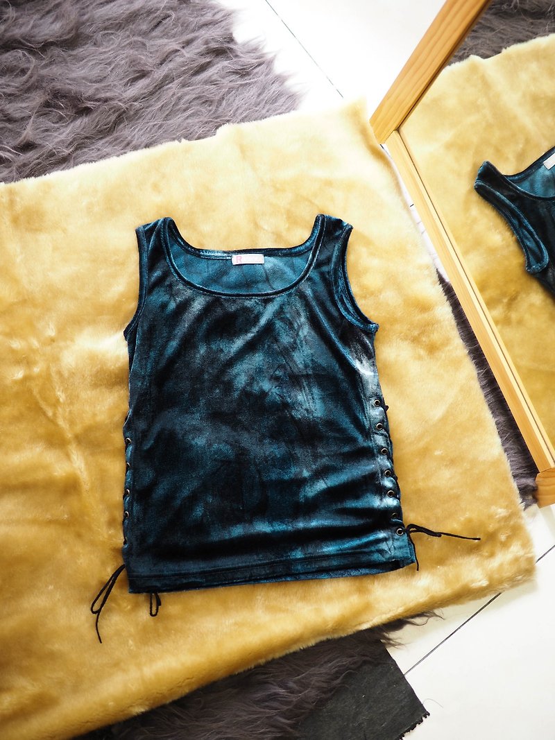 Gunma blue green gold velvet drawstring straps party log antique cotton shirt top shirt - เสื้อเชิ้ตผู้หญิง - เส้นใยสังเคราะห์ สีน้ำเงิน