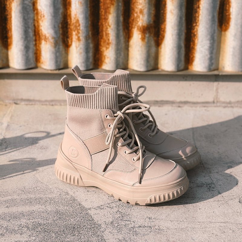 泡芙彈力厚底短靴-乳霜奶茶 軍靴 山系 台灣製 大尺碼 寬腳友善 - 女短靴/中筒靴 - 真皮 卡其色