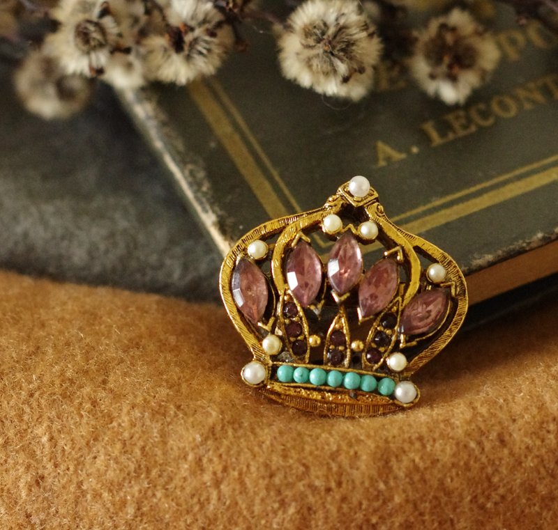 Old and good antique jewelry gold purple Stone pearl crown brooch B2071 - Brooches - Other Metals Gold