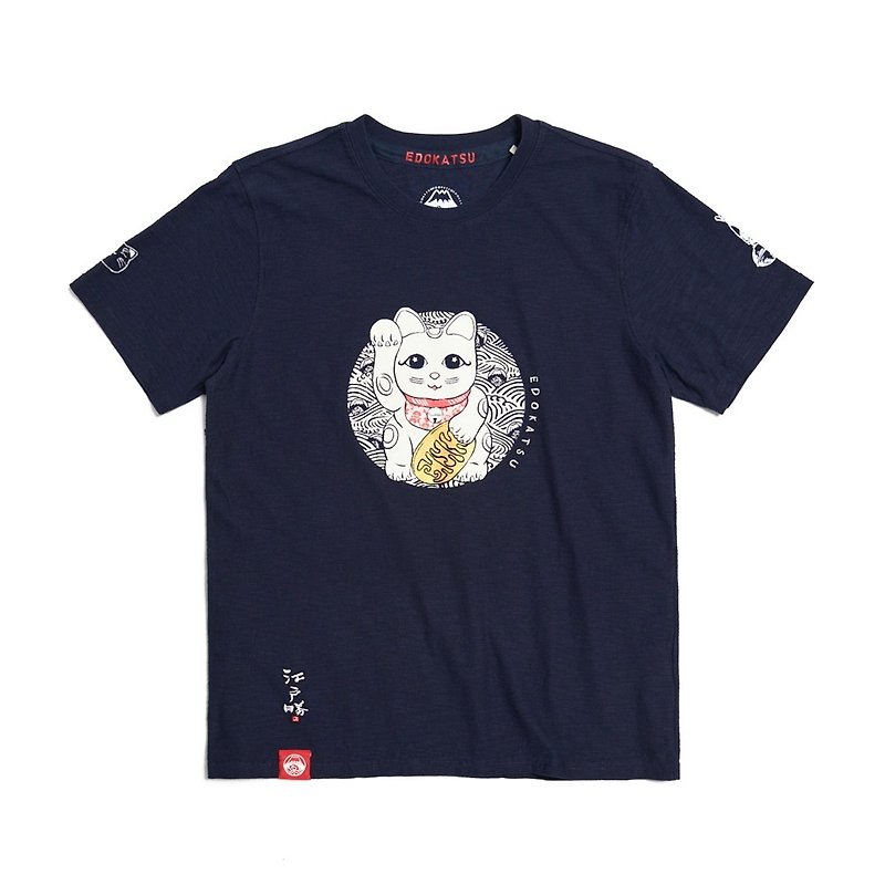 Edo Katsu Japanese lucky cat short-sleeved T-shirt - Men's clothing (blue) #Top - Men's T-Shirts & Tops - Cotton & Hemp Blue