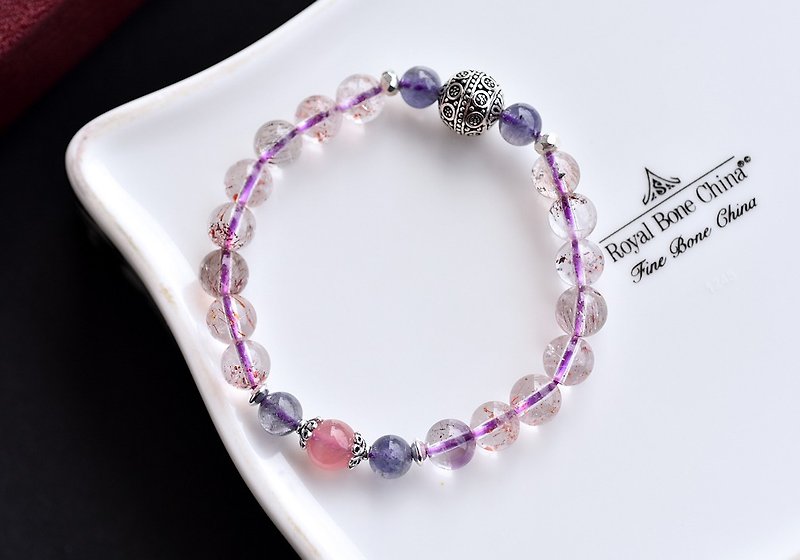 Three-Wheel Backbone / Super Seven + Pink Crystal + Cordierite Sterling Silver Bracelet - Bracelets - Crystal Transparent