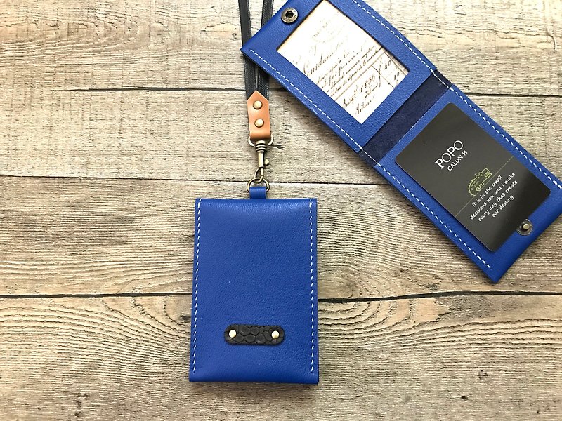POPO │ treasure blue │ two-door certificate collection sets │ cattle leather - ID & Badge Holders - Genuine Leather Blue
