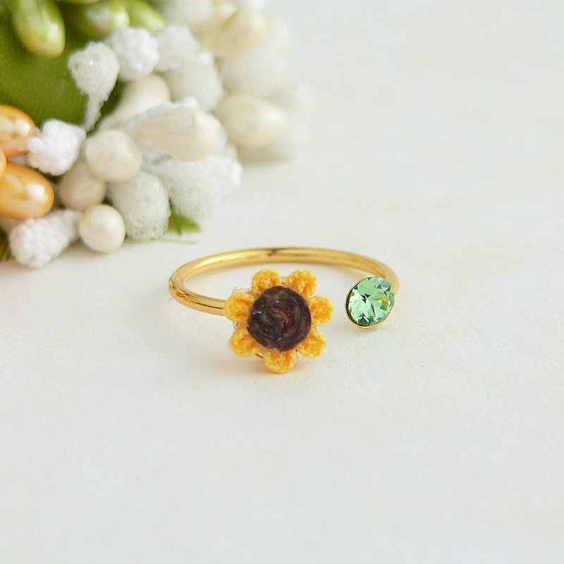 Knobwork sunflower and Swarovski ring - General Rings - Cotton & Hemp Yellow