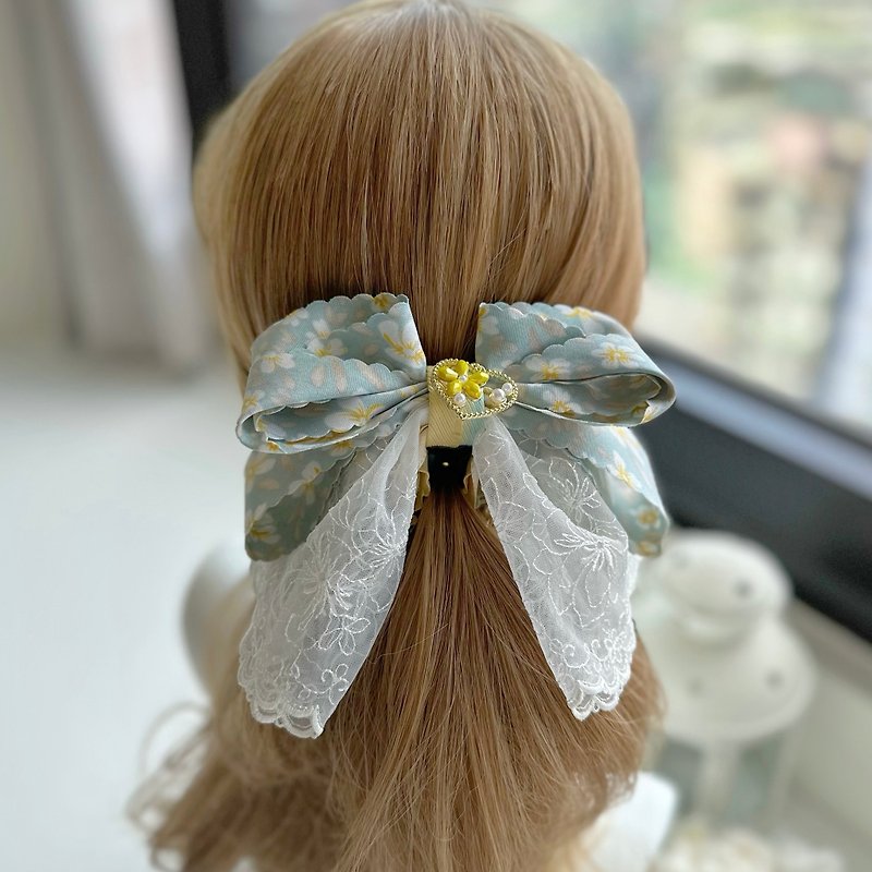 Exclusive Three-dimensional Lace Bow Intersecting Clip Banana Clip Fairy Clip Hair Clip-Grey Green - Hair Accessories - Other Materials Green