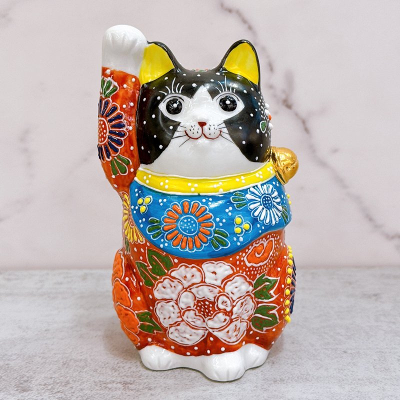 【牡耀福笑】日本九谷燒招財貓 | 牡丹黑貓 - 擺飾/家飾品 - 瓷 多色