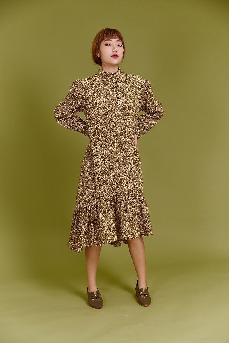 Vintage wrap dress (Mustard) - ชุดเดรส - ผ้าฝ้าย/ผ้าลินิน สีกากี