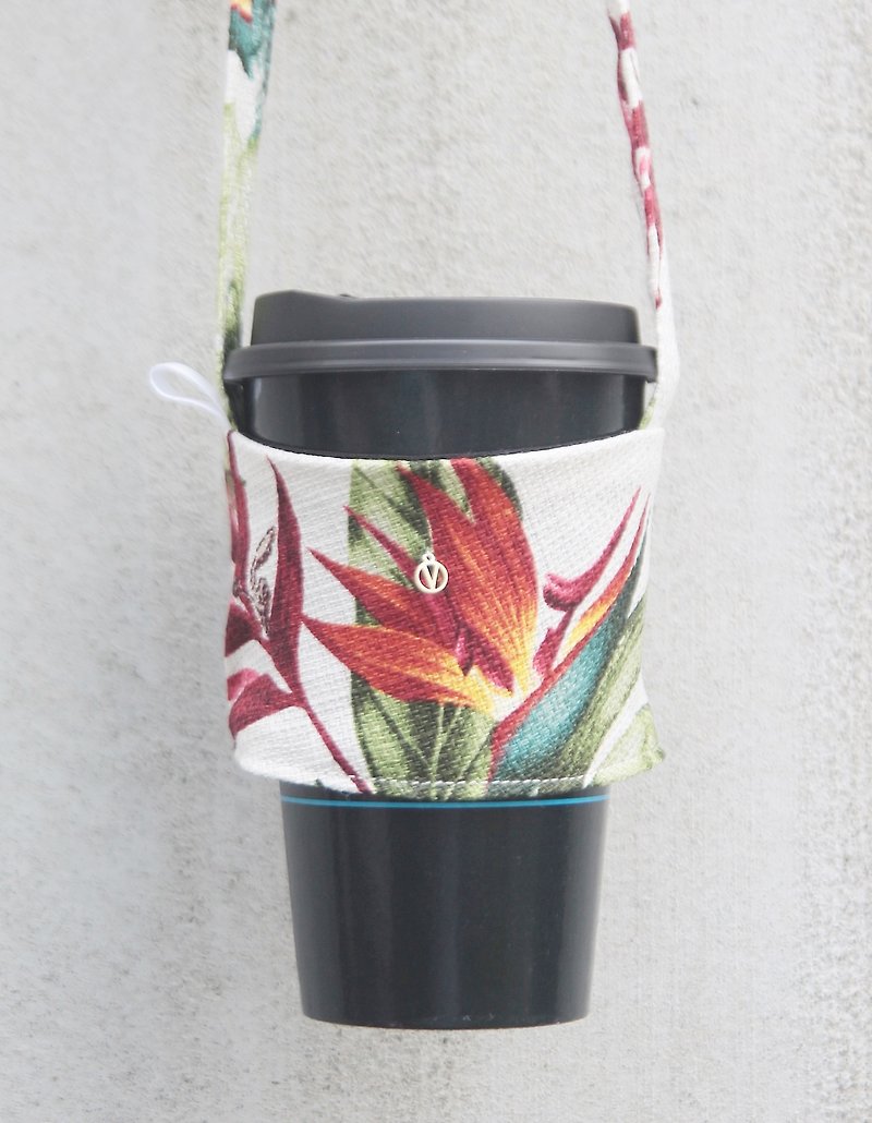 Sunlight bird of paradise environmental protection bag cup set thick handmade custom-exclusive your English tag - ถุงใส่กระติกนำ้ - ผ้าฝ้าย/ผ้าลินิน สีแดง