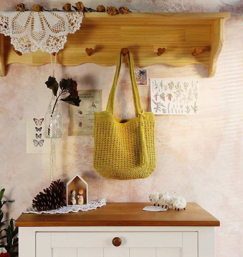 [Ready stock] Handmade handwoven/jute Linen woven bag/shopping bag/handbag/ Linen bag - Handbags & Totes - Cotton & Hemp Yellow