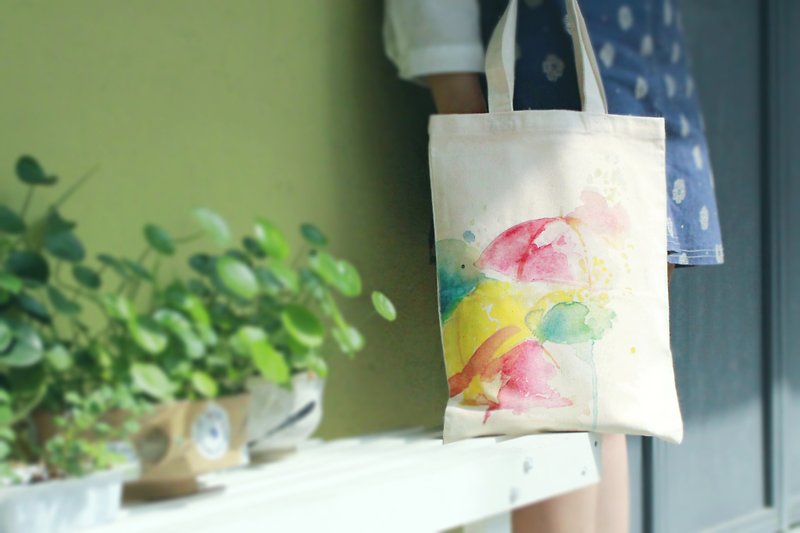 Alice Hobbey 送自選明信片 黃雨傘系列 手繪水彩帆布袋 Tote Bag - 側背包/斜孭袋 - 棉．麻 多色