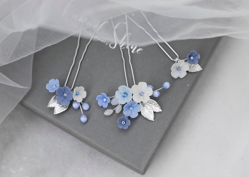 Navy blue set of hair pins, Wedding floral hair piece Bridal rose gold headpiece - 髮圈/髮夾 - 黏土 藍色