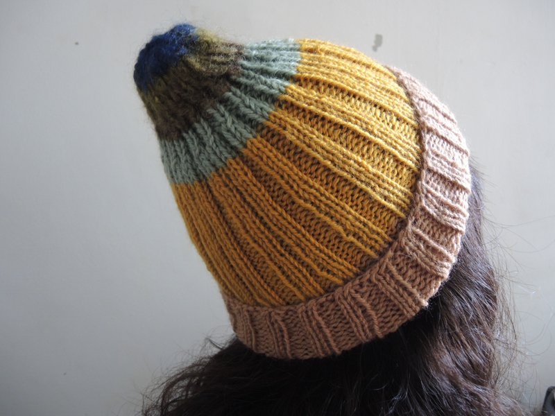 Handmade creation_winter knitted wool hat_coffee/yellow/blue - Hats & Caps - Other Materials Multicolor