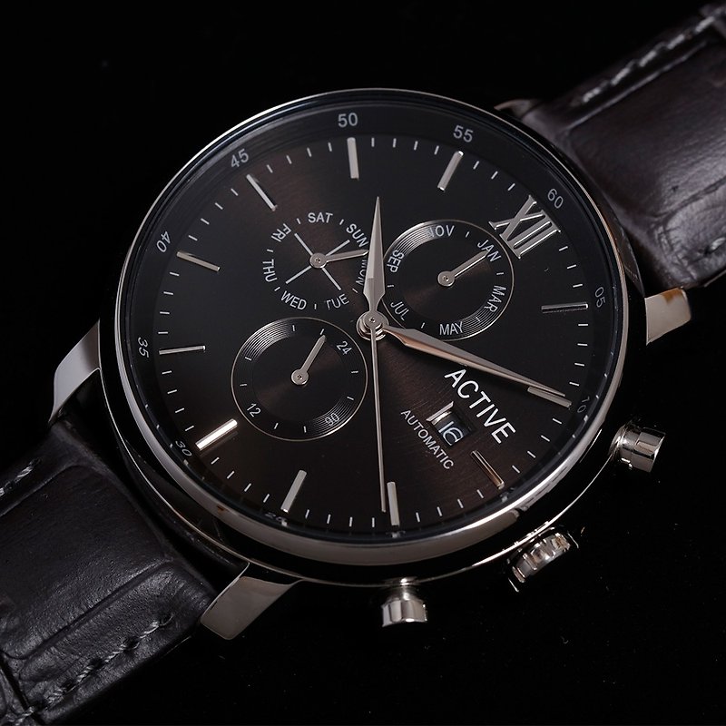 雅達飛自動機械系列 –黑盤深灰皮帶 - 男裝錶/中性錶 - 不鏽鋼 黑色