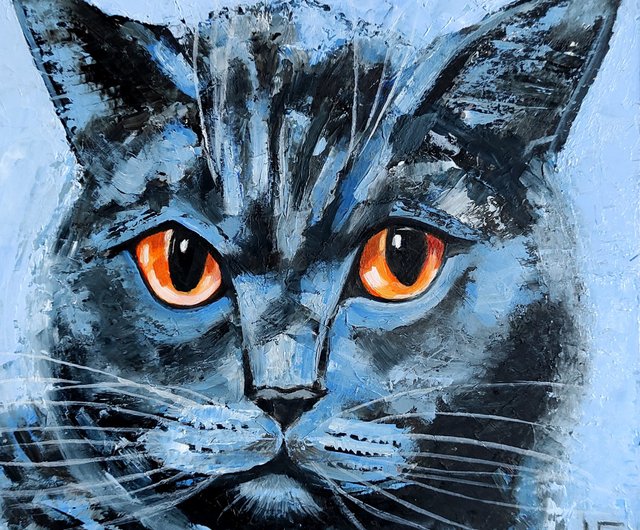 ねこの油絵 （猫のオリジナル油絵、面白いペットのポートレート