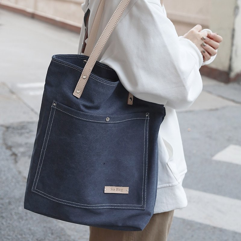 sobag Japanese simple denim blue one-shoulder canvas bag female retro literary side backpack ins large capacity tote bag - กระเป๋าแมสเซนเจอร์ - ผ้าฝ้าย/ผ้าลินิน สีน้ำเงิน
